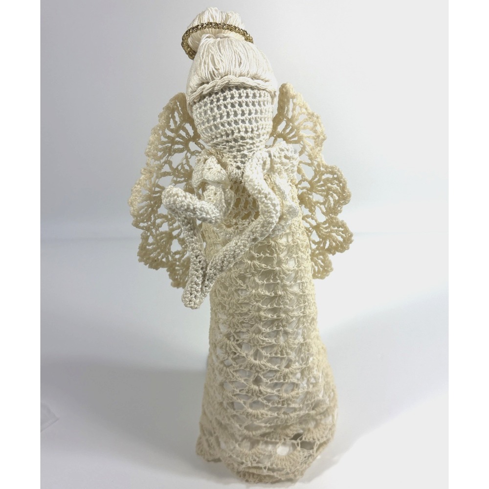 Handmade Crocheted Angel Christmas Tree Topper 12 Inches Starched Ecru Faceless